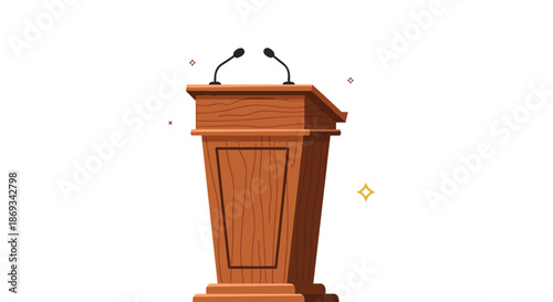 Cartoon illustration of a wooden podium or lectern with two microphones, sparkling to indicate an important speech or event.