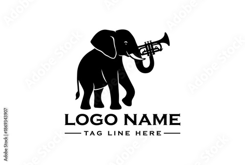 Black silhouette logo of an elephant playing a trumpet on a white background with placeholder text for a logo name and tagline.