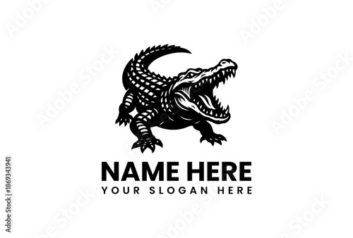 Black and white logo of a crocodile with an open mouth on a plain white background, with a placeholder text for a name and slogan.