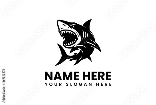 A black and white illustration of a shark's head with a menacing expression on a clean white background with space for a company name and slogan.