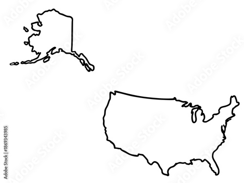 United States Map Outline Silhouette on Transparent Background – Black Country Contour of USA with Alaska Inset