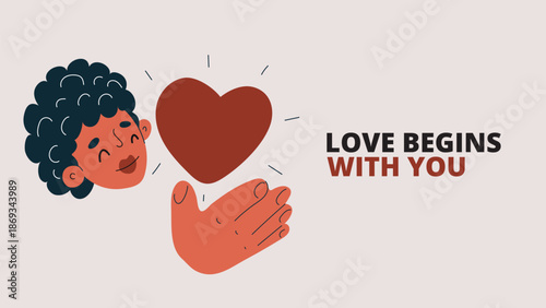 Cartoon vector illustration of a woman holding a heart in her hands, metaphor of love, care, and affection