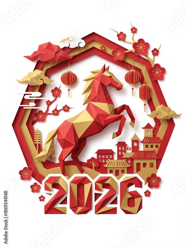 Chinese New Year 2026 Zodiac Horse Paper Fold Illustration
