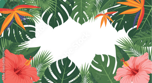 Tropical leaves and flowers frame with monstera, palm leaves, hibiscus, and bird of paradise creating a central blank space.