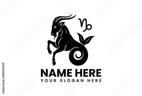 Black silhouette logo of a goat-horned mythical creature with a leafy tail and zodiac symbol on a white background with space for custom text.