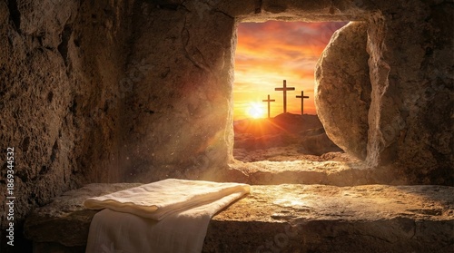 The empty tomb of Jesus Christ at sunrise, with three crosses visible on a hill in the distance, symbolizing the resurrection.