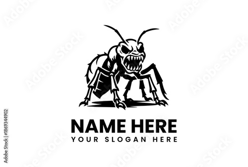 Black and white illustration of an aggressive insect with sharp teeth and antennae, standing on a flat surface with a bold text placeholder for a name and slogan on a clean white background.