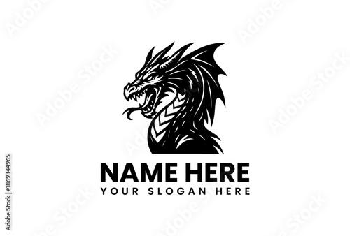 Black dragon head logo with sharp spines and open mouth on a white background with space for custom text.