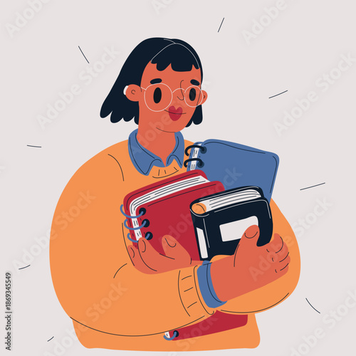 Cartoon vector illustration of a woman standing with a stack of books, metaphor of learning, education, and intellectual pursuit