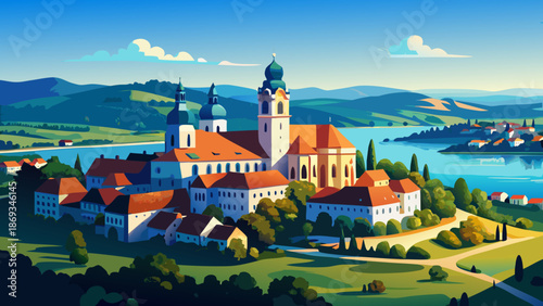 Very beautiful aerial panorama of Tihany Abbey overlooking Lake Balaton in Hungary, where historic monastery architecture meets vivid blue waters and rolling landscapes in a peaceful composition.