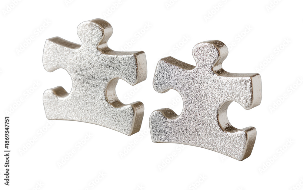 Fototapeta premium Two metallic puzzle pieces symbolizing partnership and connection