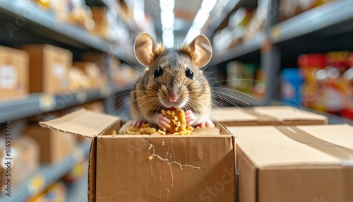 Mouse gnawing food packaging in pantry, visible bite marks