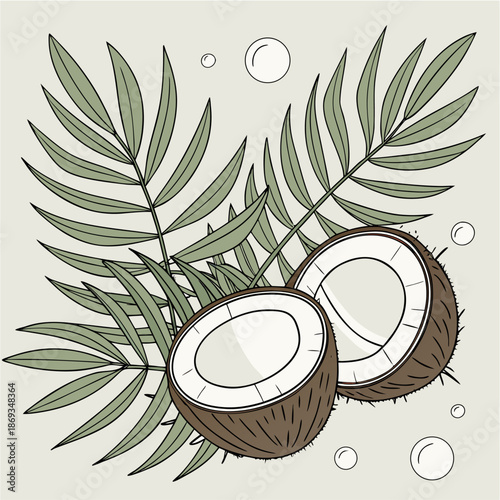 Fresh coconut fruit illustration with green leaves in a natural vector style