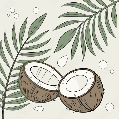 Fresh coconut fruit illustration with green leaves in a natural vector style