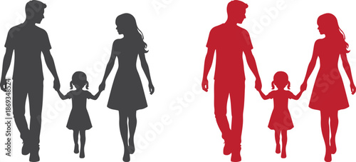 Happy Family Walking Together Silhouette – Parents and Child Love Vector Illustration