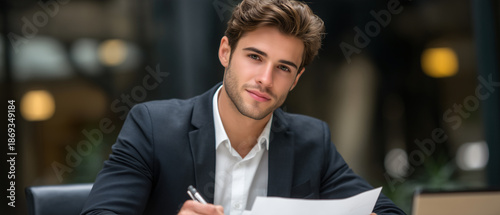 The Professional's Focus A confident professional in a tailored suit sits at a desk, the details of the documents at his fingertips, suggesting intellectual depth.