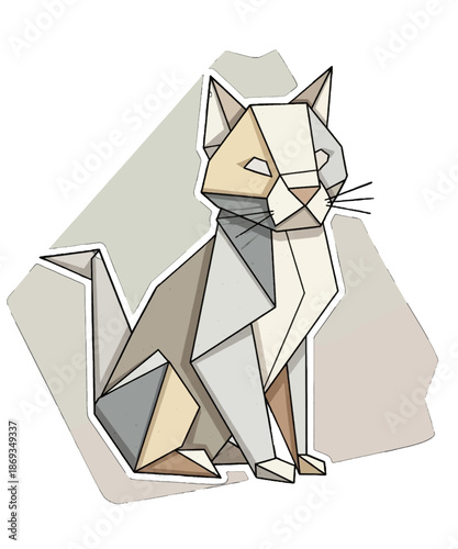 Geometric papercraft cat illustration featuring polygonal design elements with subtle muted color palettes and stylized feline structure