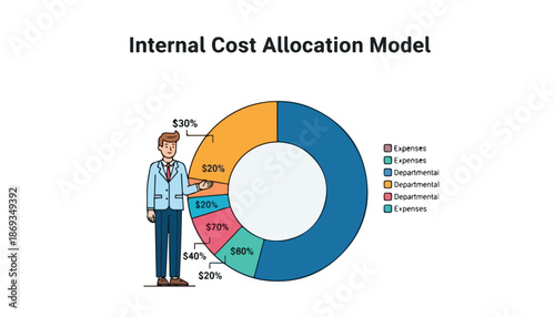 A business professional presenting an internal cost allocation model using a donut chart with various expense percentages.