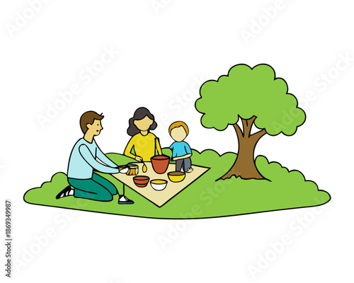 Family picnic in spring park vector illustration isolated on white background