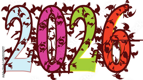 The raised text describes an artistic representation of the year "2026". In this image, each number is uniquely colored in light blue, pink, green, orange, and patterned, contributing to a vibrant and