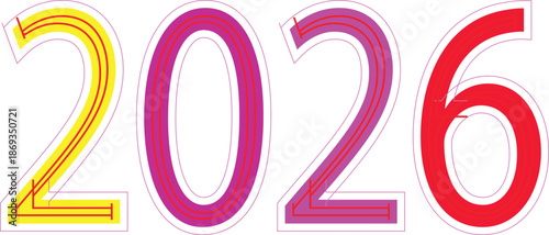 The text above describes an image containing the number "2026", with each number represented in a different color - yellow, pink, red and style.