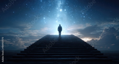 Silhouette of a person standing on stairs looking up at a starry sky.