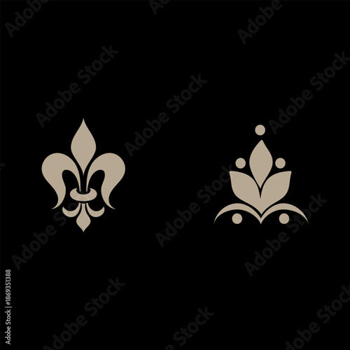 Elegant Beige Fleur-de-Lis Emblems On Black Background For Heraldic Logo Design And Decoration