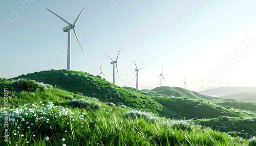 Lush green rolling hills dotted with modern wind turbines under a bright sky, showcasing sustainable energy generation in a scenic landscape
