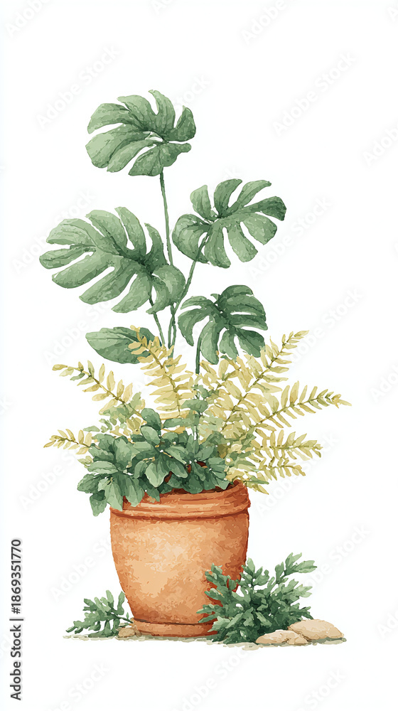 Obraz premium Explore the Lush Beauty of Indoor Plants: Monstera and Fern Arranged in a Classic Pot for a Touch of Natural Elegance in Any Home or Garden Setting