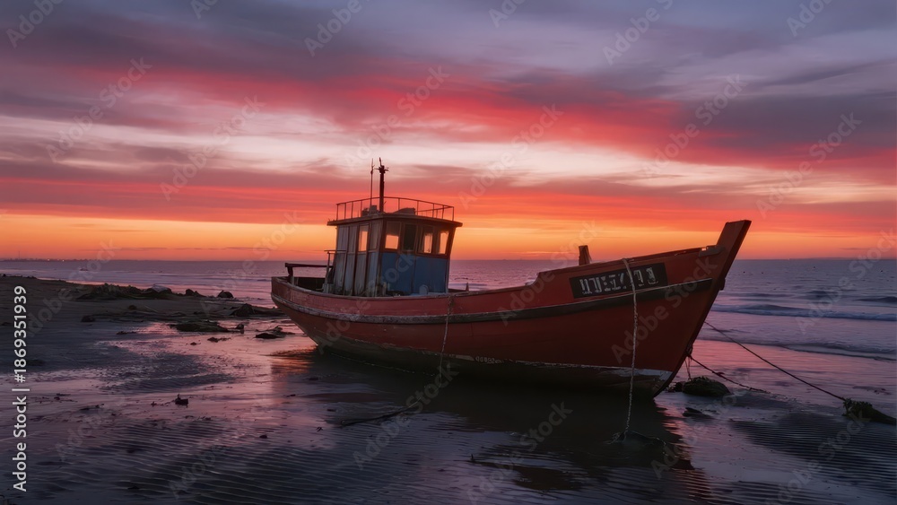Obraz premium A red-and-blue fishing boat is moored on the beach; the sea and sky are tinted by pink-orange sunset glow, with soft light and shadow, showing the quiet atmosphere of the coastal dusk.