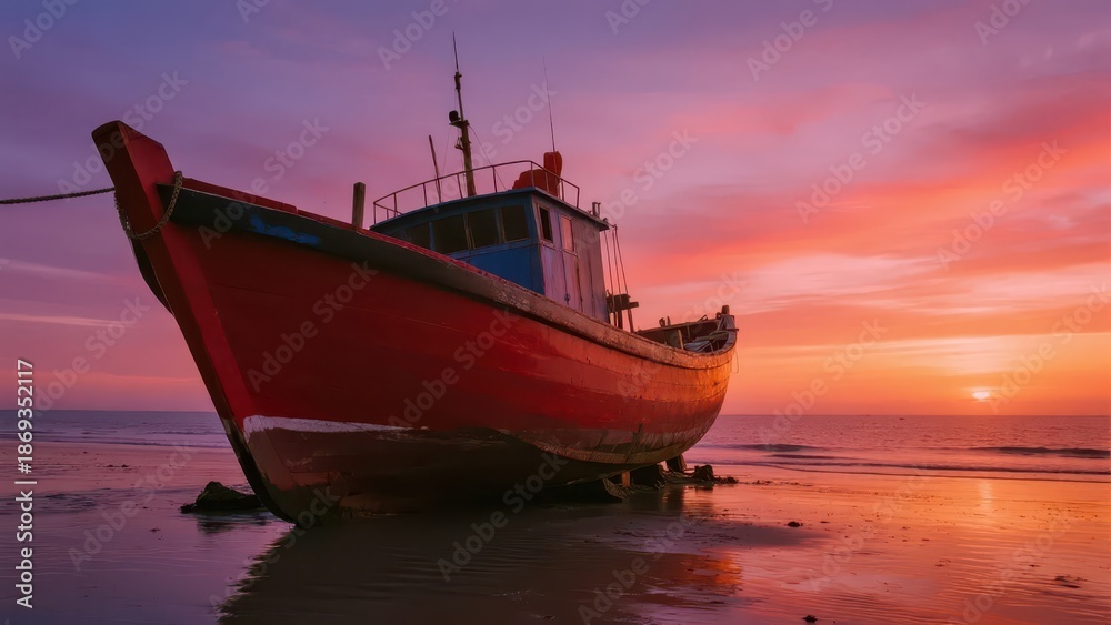 Fototapeta premium A red-and-blue fishing boat is moored on the beach; the sea and sky are tinted by pink-orange sunset glow, with soft light and shadow, showing the quiet atmosphere of the coastal dusk. 