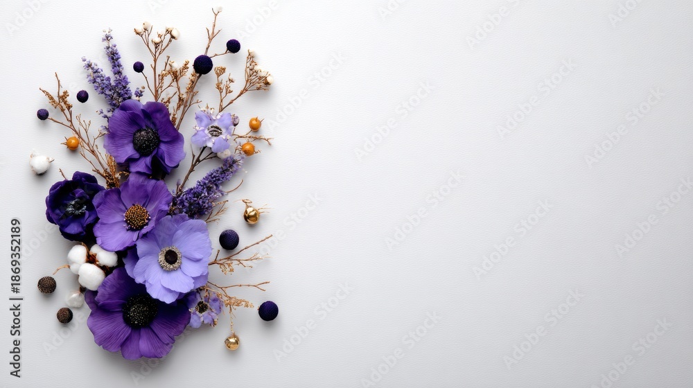Fototapeta premium Arrangement of purple flowers and dried plants on a plain white background in a decorative style