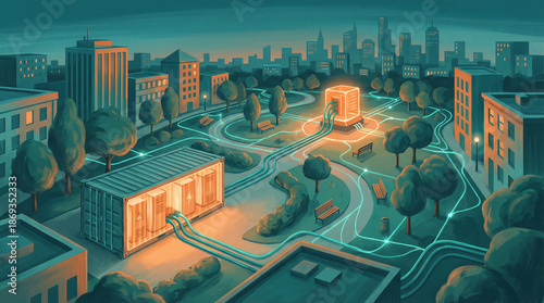Illuminated Urban Park with High-Tech Data Centers at Dusk