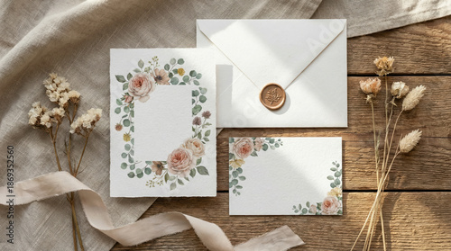 Elegant Wedding Invitations with Floral Design on Wooden Table