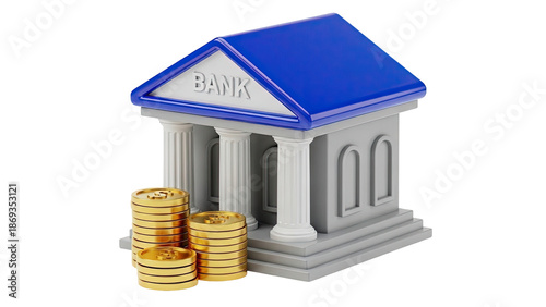 3D Render of Bank Building with Stacked Gold Coins
