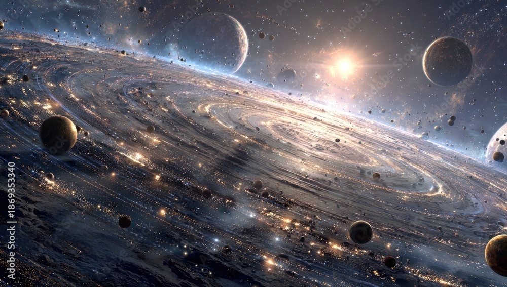 Fototapeta premium Cosmic chaos. Spiral galaxy exploding with planets and debris