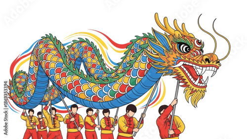 Vibrant dragon dance procession with performers in traditional attire and festive energy.