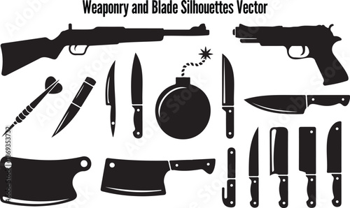 Diverse Collection of Weaponry Knives Darts and Explosive Silhouettes