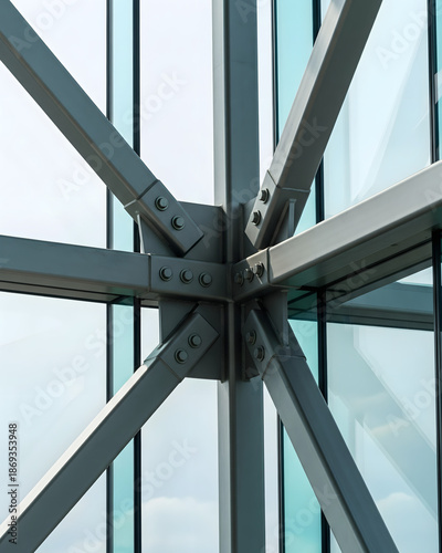 High-Resolution Abstract Detail of Steel Beams and Glass in Contemporary Architecture