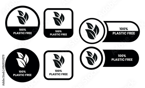 100 Percent Plastic Free Label and Icon Set with Zero Waste, Eco Friendly and Sustainable Packaging Badges in Black Line Flat Vector Style Isolated on White Background.