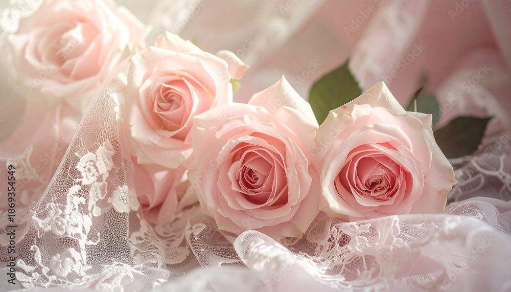 Fototapeta premium Elegant pink roses with delicate lace, a romantic floral arrangement.