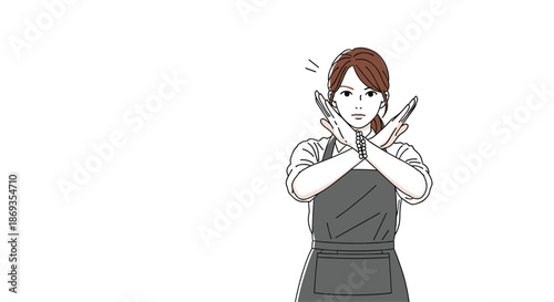 Serious young woman wearing an apron crossing her arms to make an X sign representing refusal or a negative response.