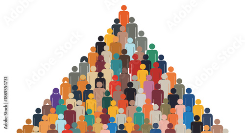 Large group of diverse people icons arranged in a triangular pyramid shape representing hierarchy or population growth.