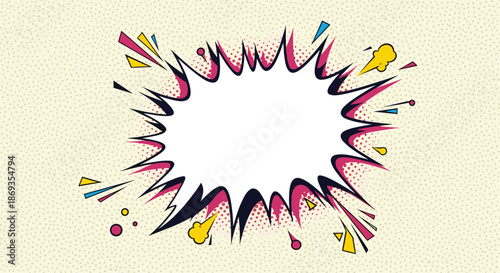 High-impact explosion or boom speech bubble with jagged edges and colorful comic book style design elements and dots.