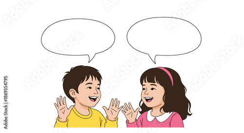 Two cheerful children, a boy and a girl, having a friendly conversation with empty white speech bubbles above them.