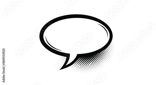 Classic oval-shaped comic speech bubble with a thick black outline and halftone dot shadow effect on a clean white background.