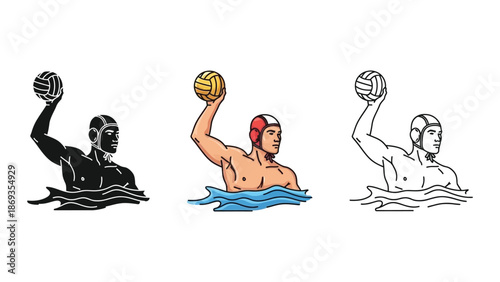 Water polo player holding a ball above water shown in silhouette, color, and outline styles