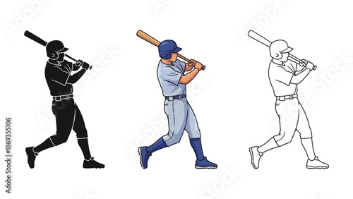Baseball batter swinging a bat shown in silhouette, color illustration, and outline drawing