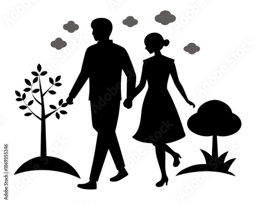 Couple enjoying spring walk silhouette isolated on white background