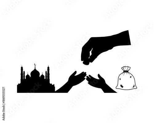 Silhouette of hands exchanging money with cityscape and bag, isolated on transparent background